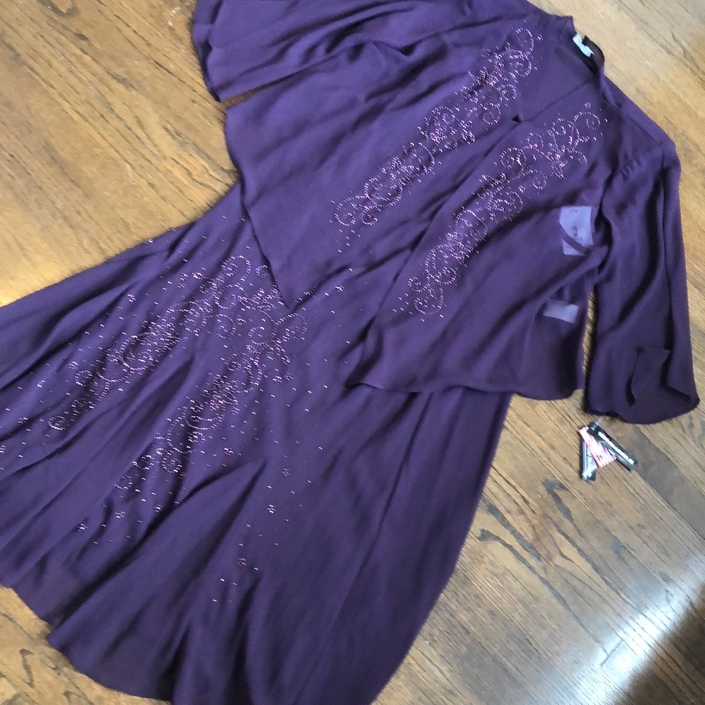 R&M Richard’s 2-Piece Eggplant Stone Beaded Flowy Sheer Evening Gown Set - Picture 2 of 8
